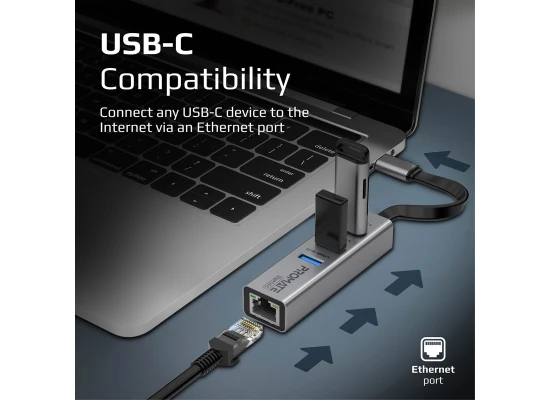 Promate GigaHub-C Multiport USB-C Hub with 1000Mbps Ethernet Adapter with Ultra-Fast 3 USB Ports, 5 Gbps Data Transfer Speed